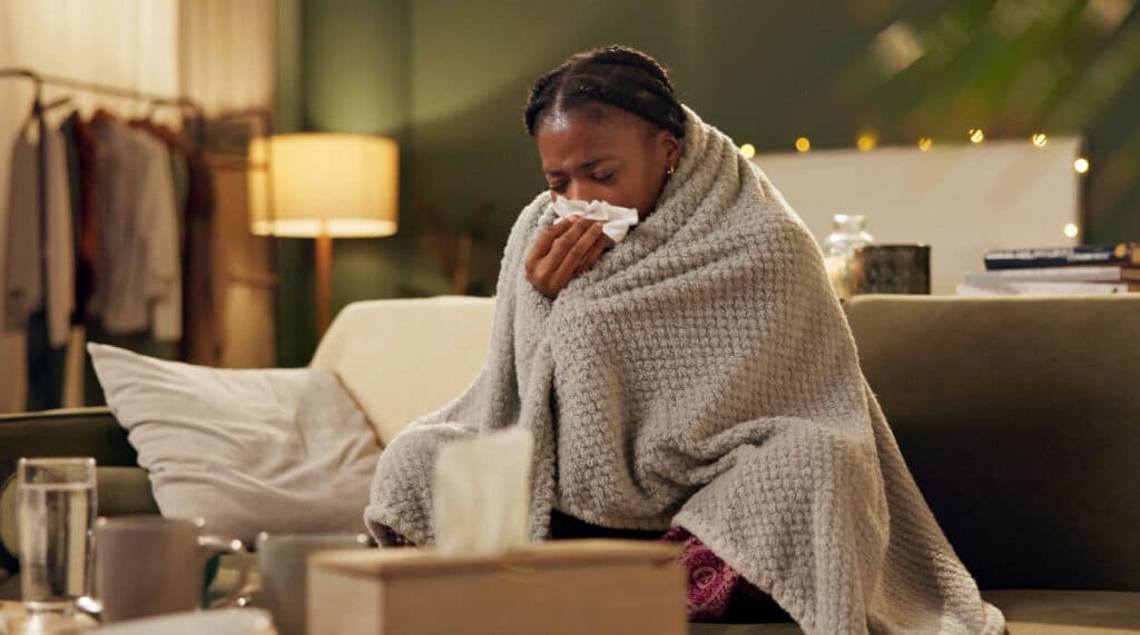 How Long Does NyQuil Last? A woman sitting on a couch wrapped in a blanket and blowing her nose.