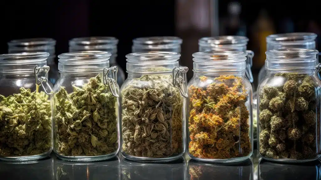 Dabs Meaning: Many jars filled with marijuana buds lined up on a surface