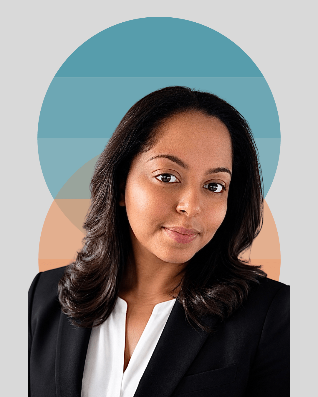 Person wearing a black blazer and white shirt with a teal and orange circle background.