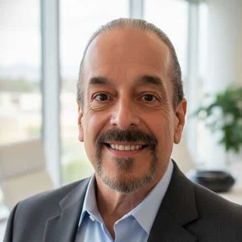 Person wearing a suit and smiling in a brightly lit office environment.